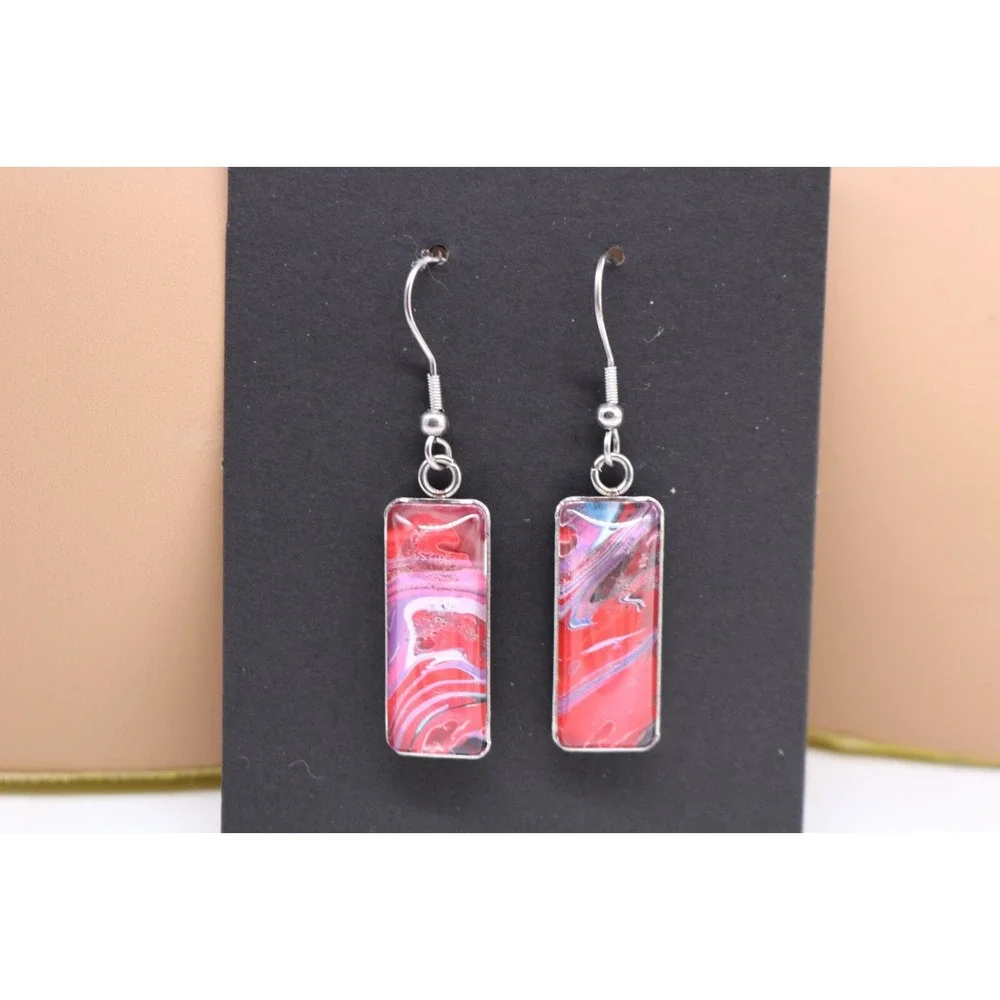 Handmade Earrings-Stainless Steel-Glass-Paint Drip-Paint Pour-Fluid Art